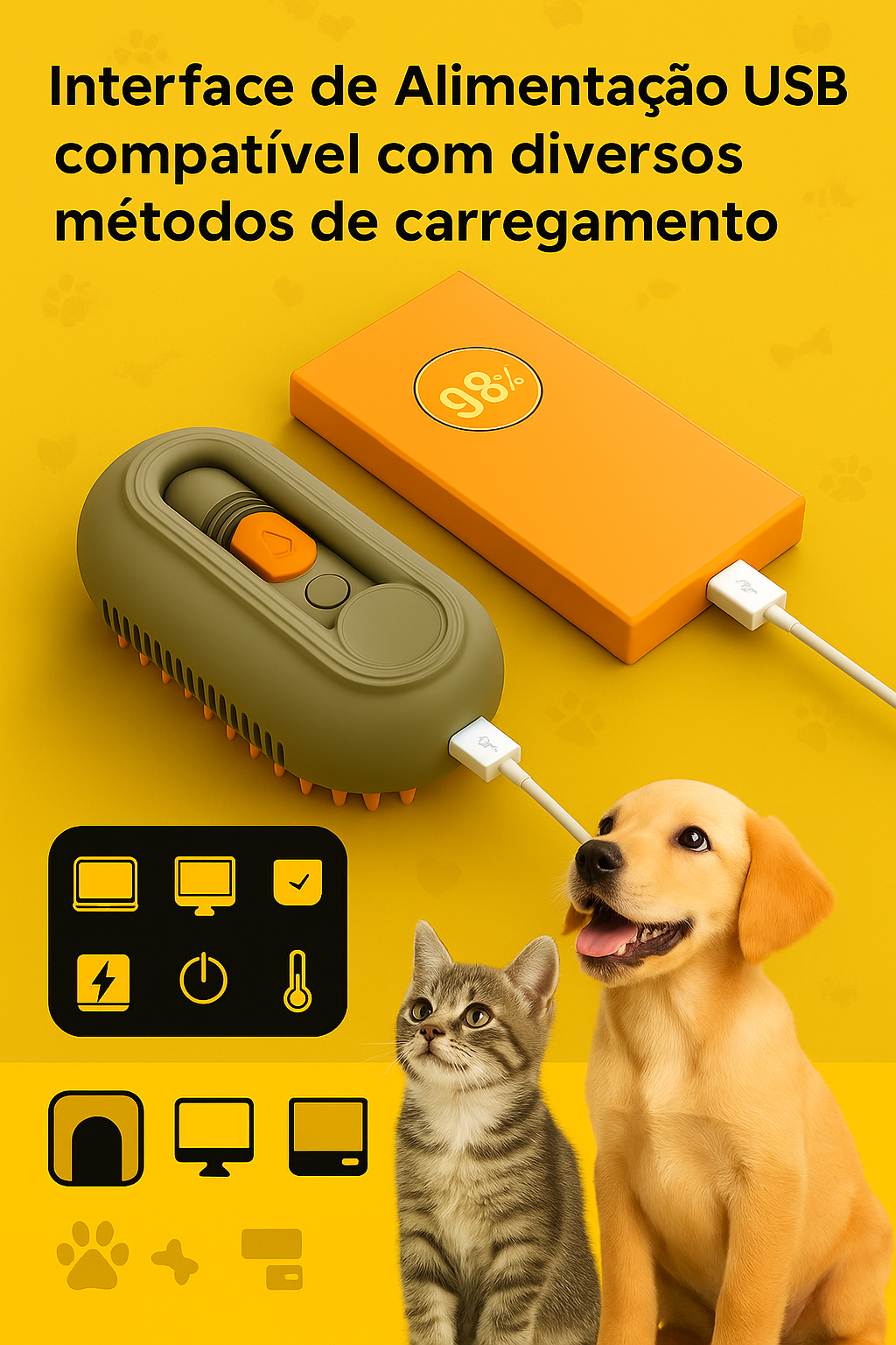 Escova a Vapor 3 em 1 para Pets – Limpa, Massageia e Remove Pelos