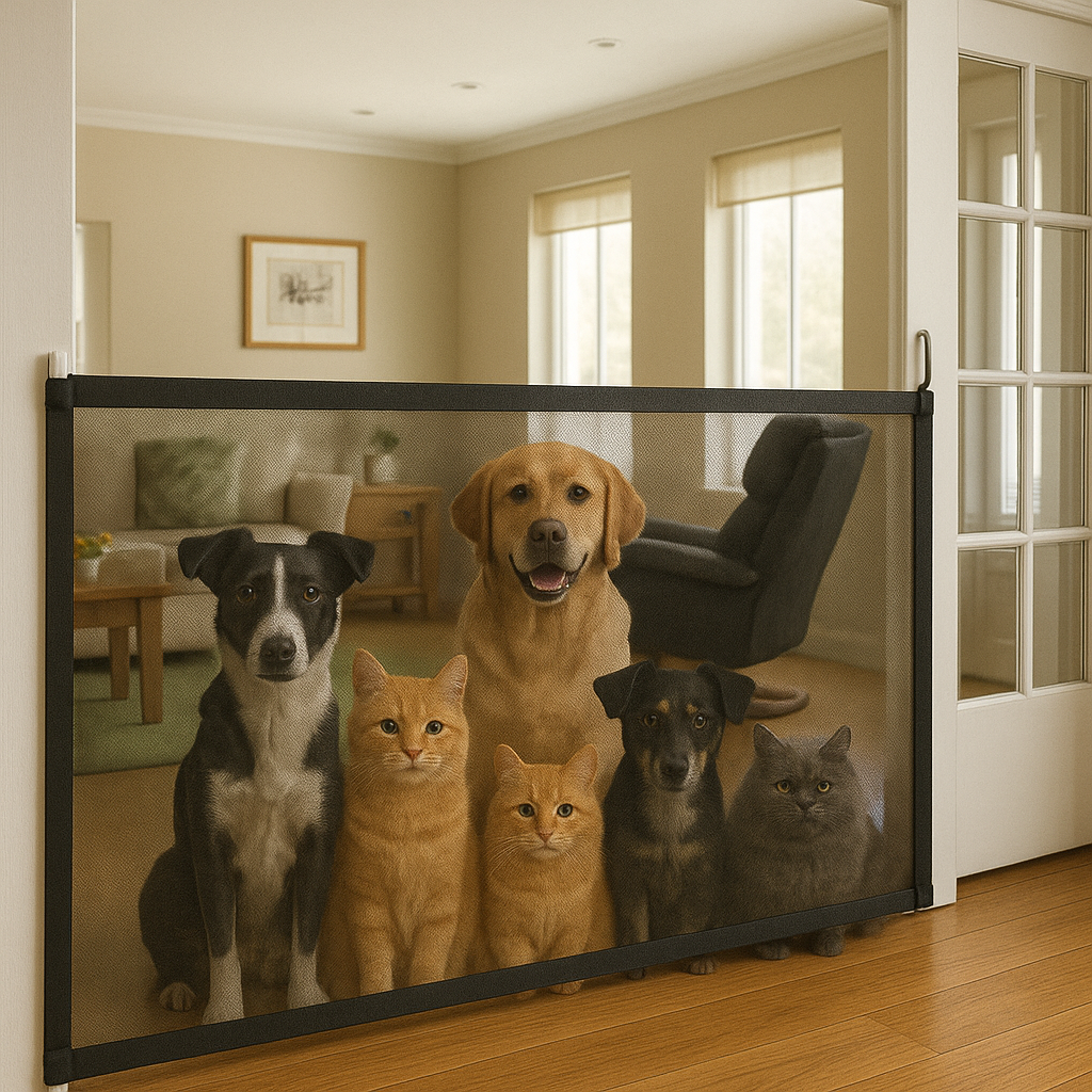 Barreira para Cães Dobrável com Rede Respirável e Ganchos – Porta de Segurança para Pets