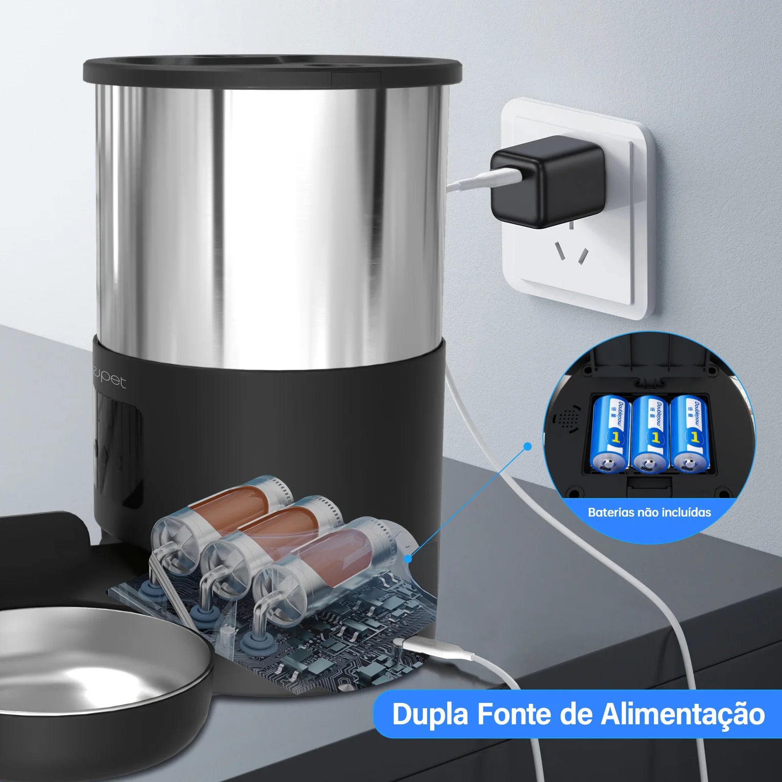 Alimentador Duplo Automático WiFi para Gatos e Cães 4L com Tigelas de Aço Inoxidável