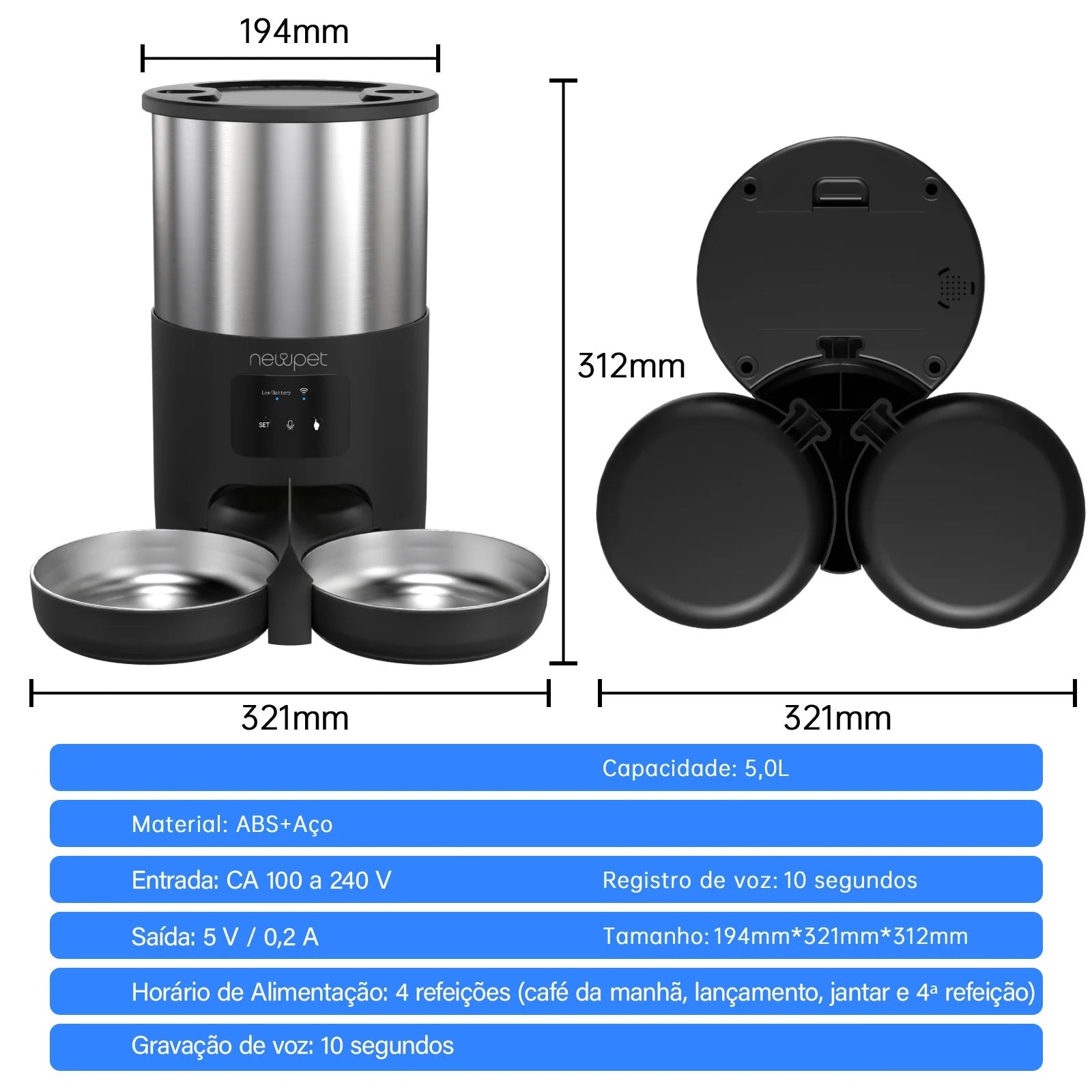 Alimentador Duplo Automático WiFi para Gatos e Cães 4L com Tigelas de Aço Inoxidável