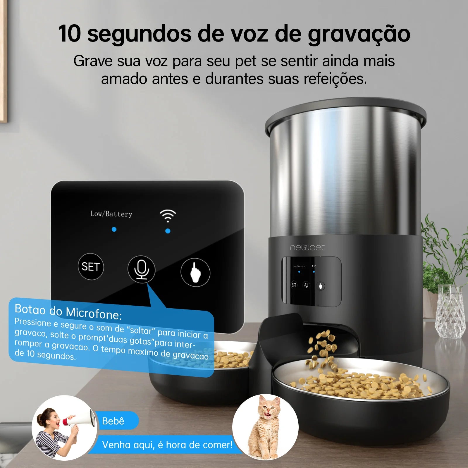 Alimentador Duplo Automático WiFi para Gatos e Cães 4L com Tigelas de Aço Inoxidável