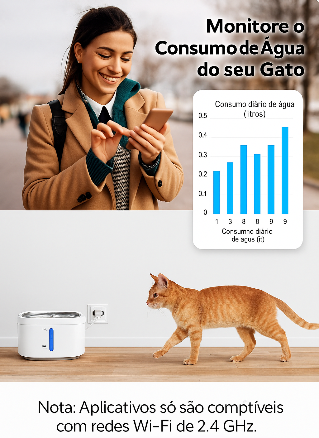 Fonte de Água Automática para pet 2,5L com Controle via App