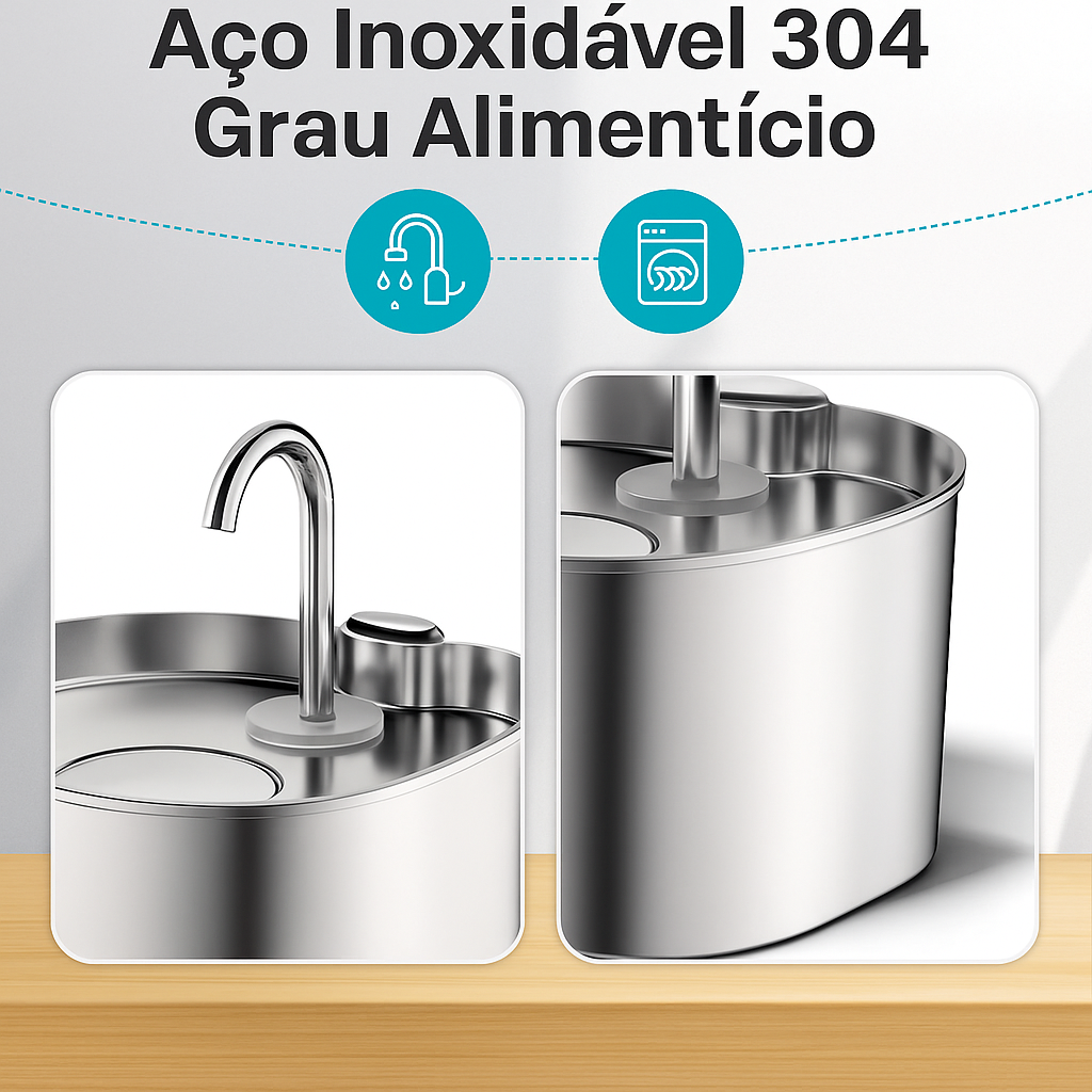 Fonte de Água Automática 2.2L Inox para Pets