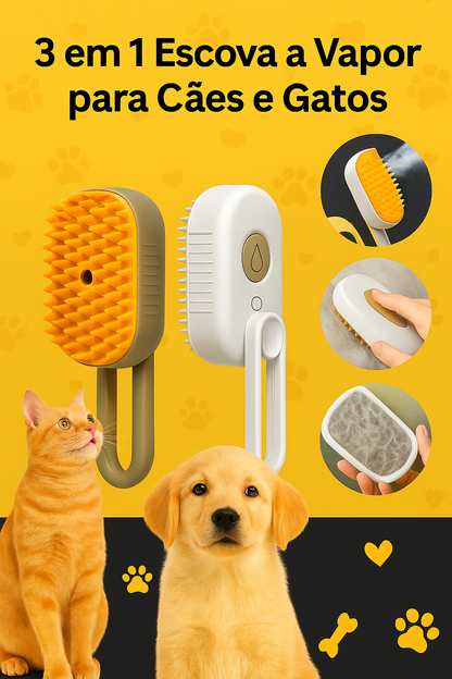 Escova a Vapor 3 em 1 para Pets – Limpa, Massageia e Remove Pelos