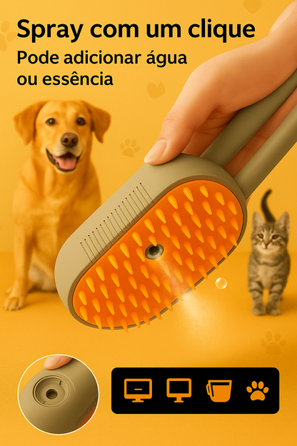 Escova a Vapor 3 em 1 para Pets – Limpa, Massageia e Remove Pelos