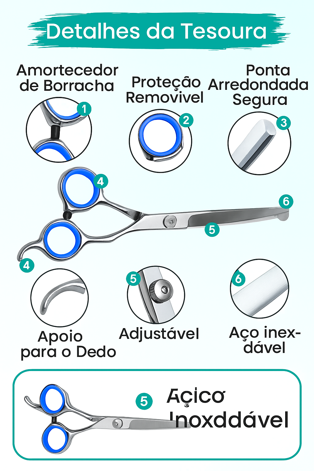 Tesoura 5 em 1 Pet Profissional Inox – Corte Seguro e Preciso