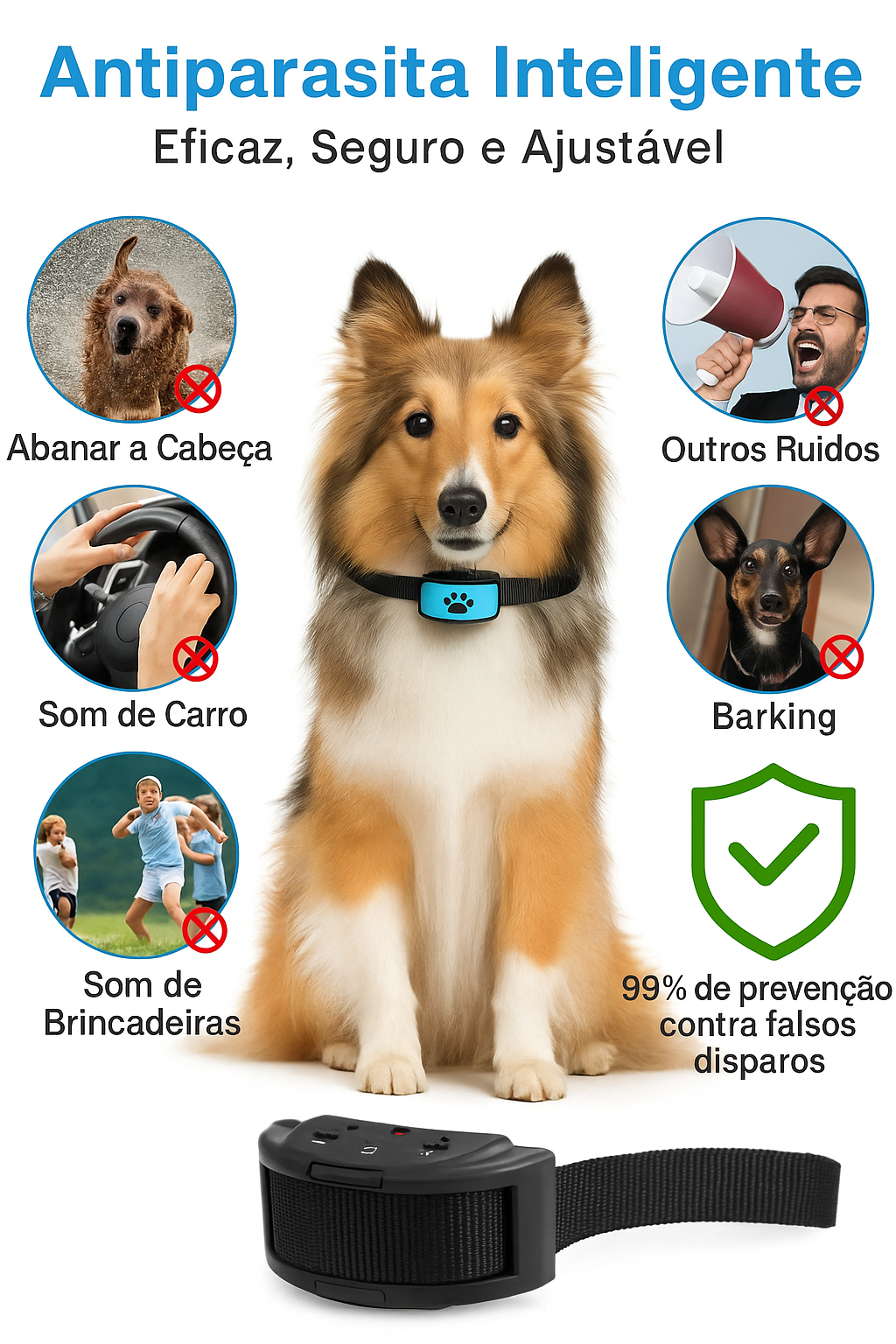 Coleira Antilatido Ultrassônica USB Ajustável p/ Cães
