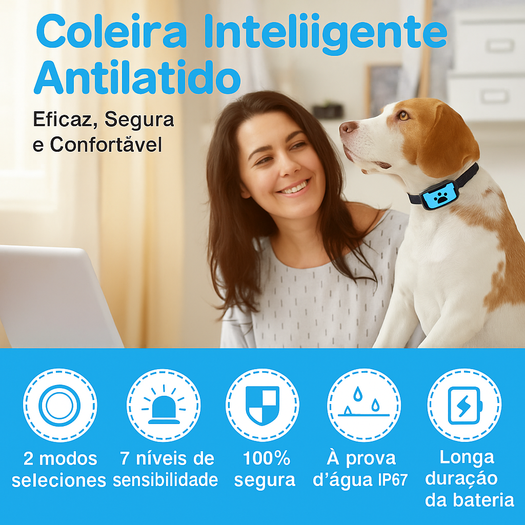 Coleira Antilatido Ultrassônica USB Ajustável p/ Cães