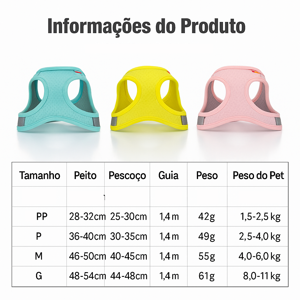 Colete Peitoral Respirável e Confortável p/ Pets