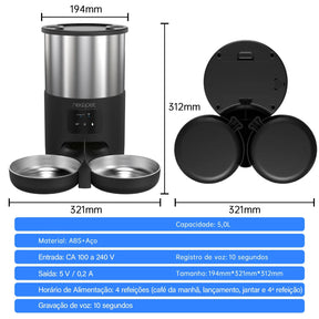 Alimentador Duplo Automático WiFi para Gatos e Cães 4L com Tigelas de Aço Inoxidável
