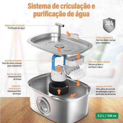 Bebedouro Automático 3.2L Inox para Gatos e Cães
