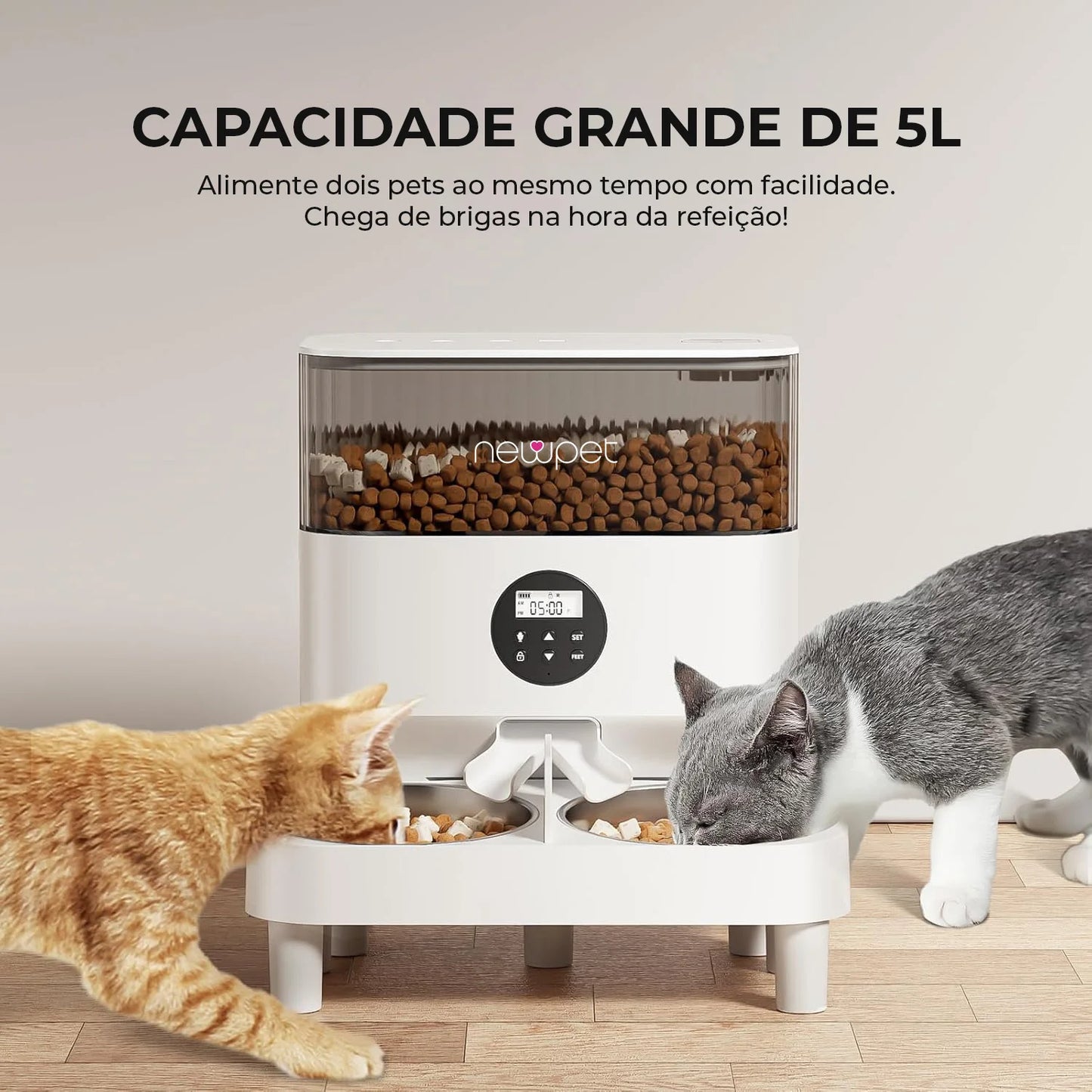 Newpet Dispensador Automático Ração Pet com APP WiFi e Tigelas Duplas