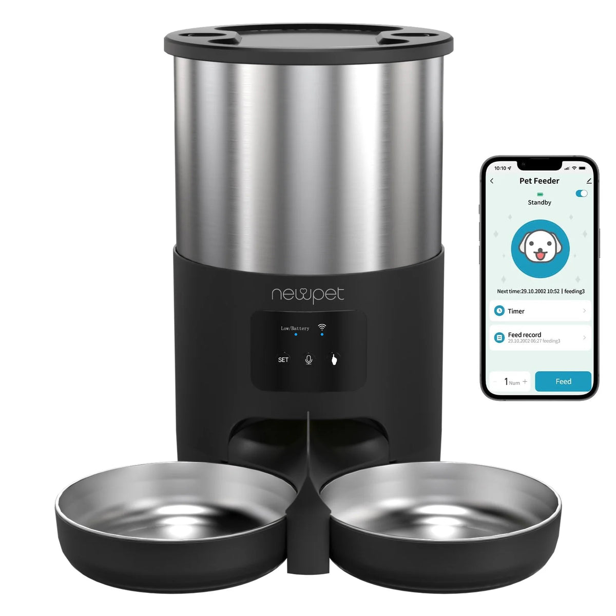 Alimentador Duplo Automático WiFi para Gatos e Cães 4L com Tigelas de Aço Inoxidável