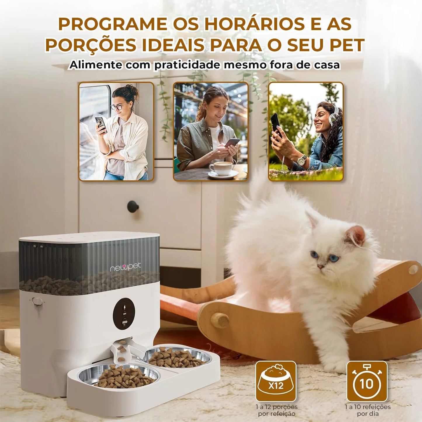 Newpet Dispensador Automático Ração Pet com APP WiFi e Tigelas Duplas