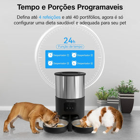 Alimentador Duplo Automático WiFi para Gatos e Cães 4L com Tigelas de Aço Inoxidável